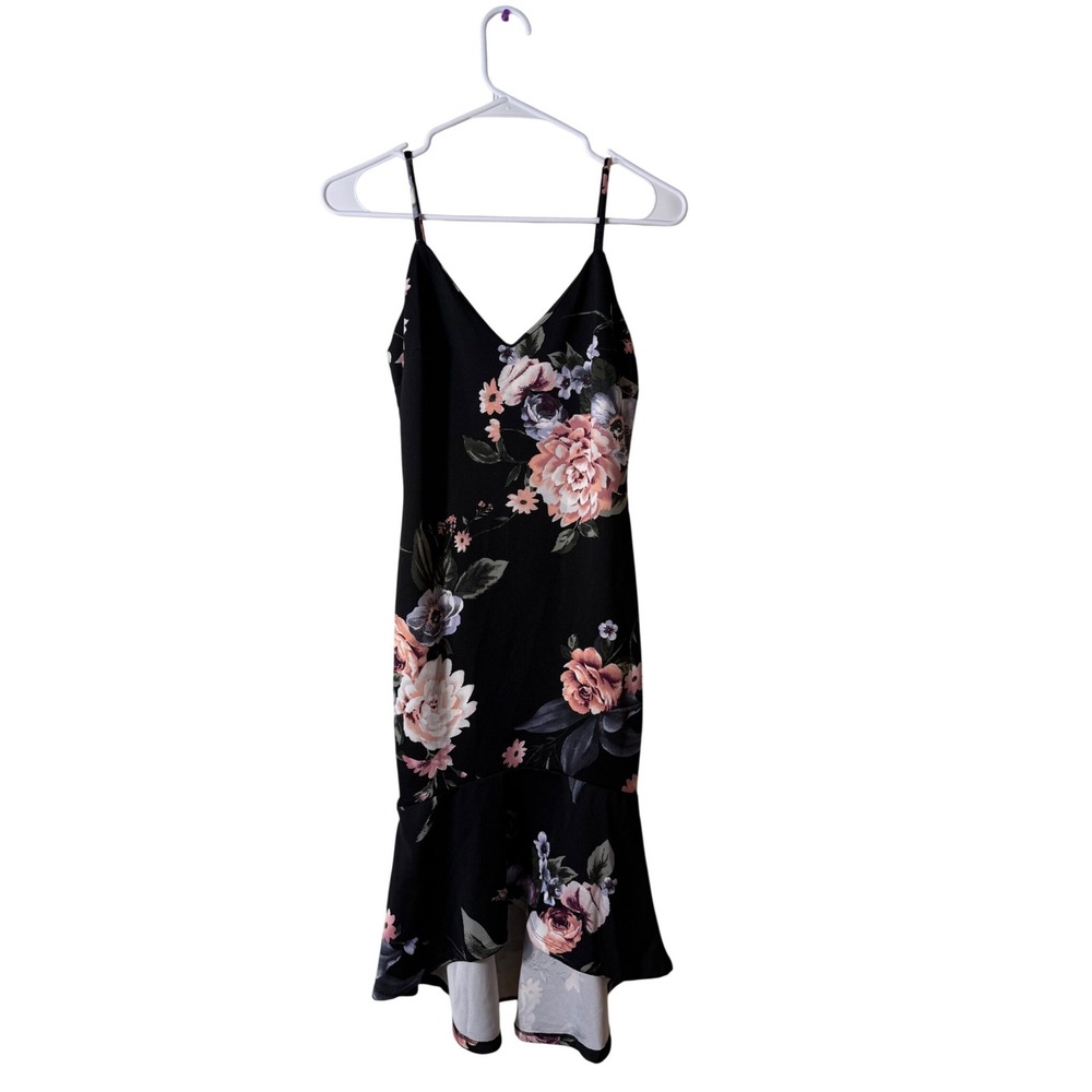 Iris Women Black Floral High-Low Ruffle Midi Dress V-Neck Spaghetti Strap Size M